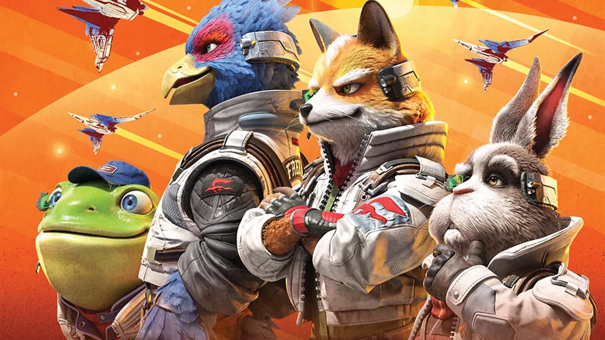 Star Fox remake hero art — Fox, Falco, Slippy, and Peppy in modern detailed redesigns against an orange sunset