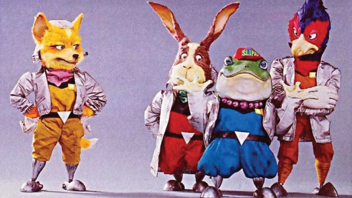 Original Star Fox crew — physical claymation puppet models of Fox, Peppy, Slippy, and Falco from the Super Famicom era