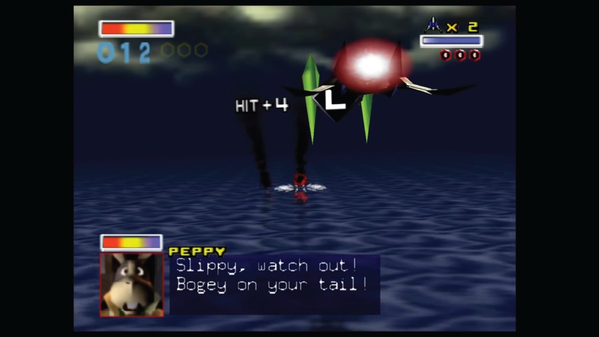 Star Fox 64 gameplay — Peppy radio portrait warning Slippy of a bogey, low-poly water and enemy ship visible above