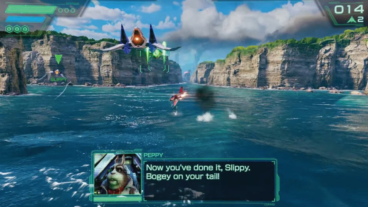 Star Fox remake gameplay — modern HUD with Slippy radio portrait and detailed canyon water environment