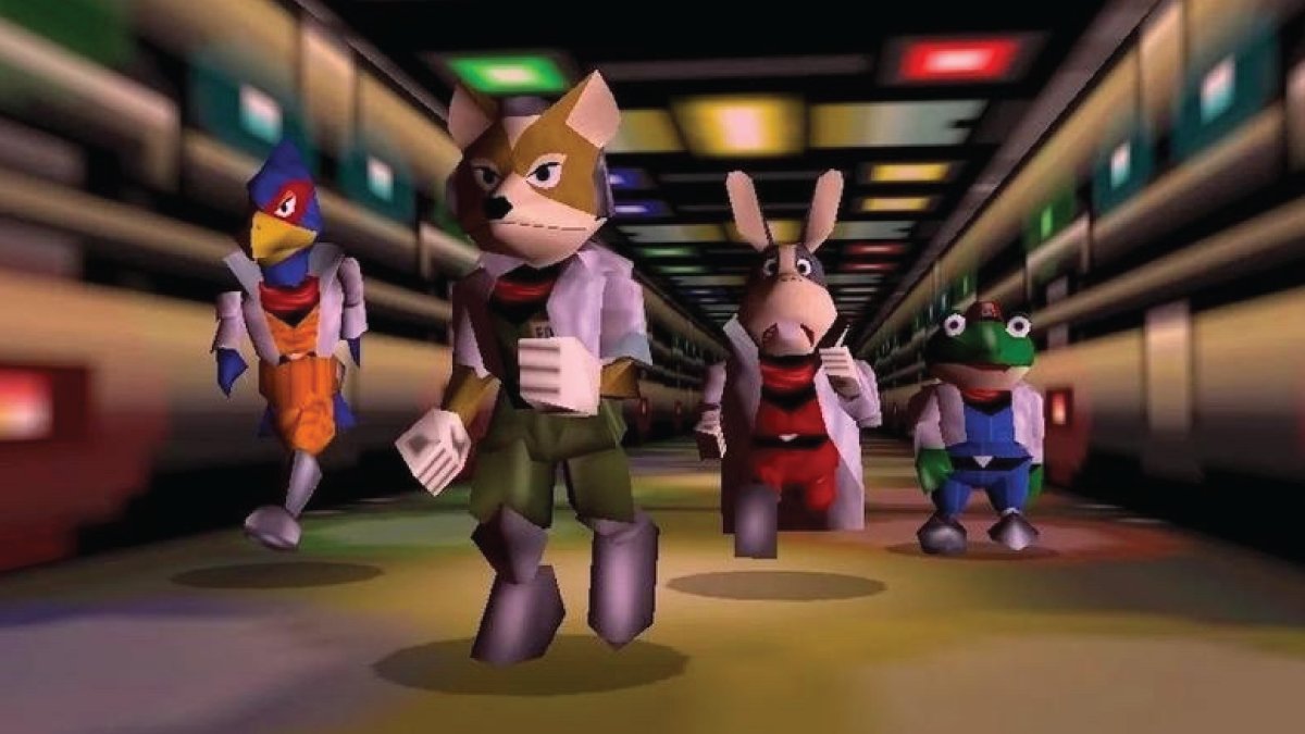 Star Fox 64 ending — Fox, Falco, Peppy, and Slippy walking out together in their classic low-poly Nintendo 64 character models